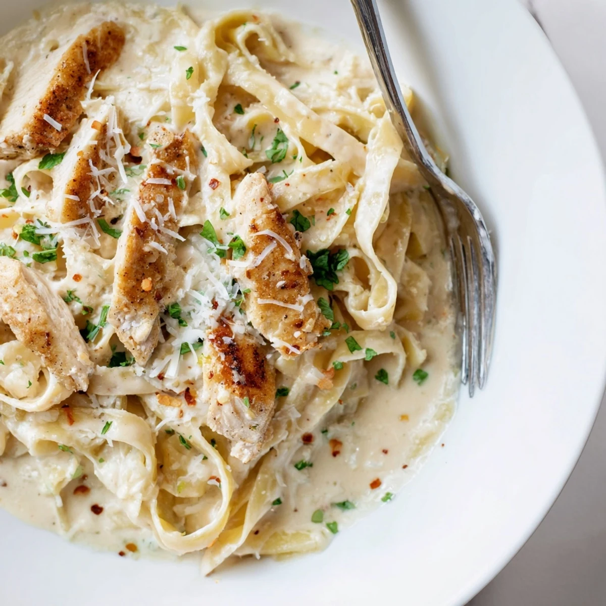 Creamy Garlic Parmesan Chicken Pasta tossed in a rich, golden skillet sauce with fresh parsley