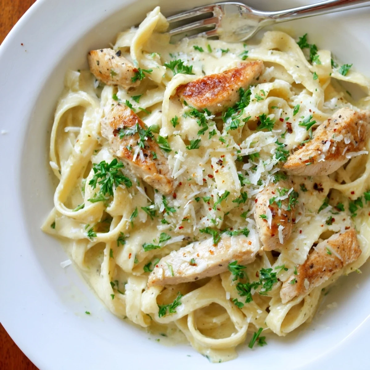 Tender chicken strips over Creamy Garlic Parmesan Chicken Pasta garnished with extra Parmesan shavings