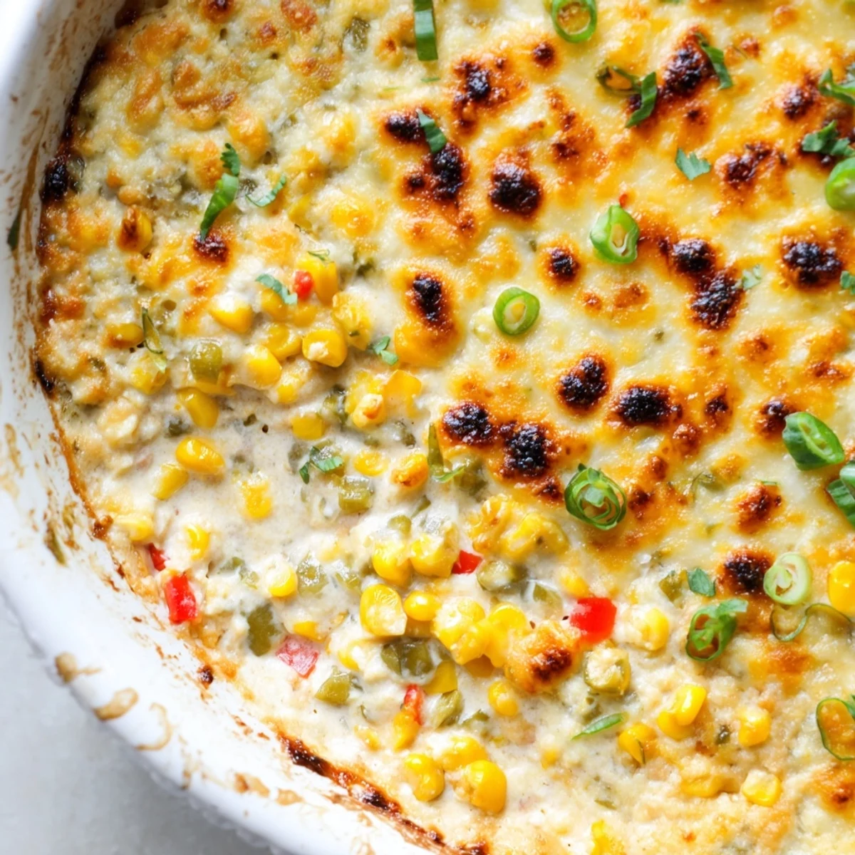 Baked creamy corn jalapeño dip topped with melted cheddar and fresh cilantro garnish