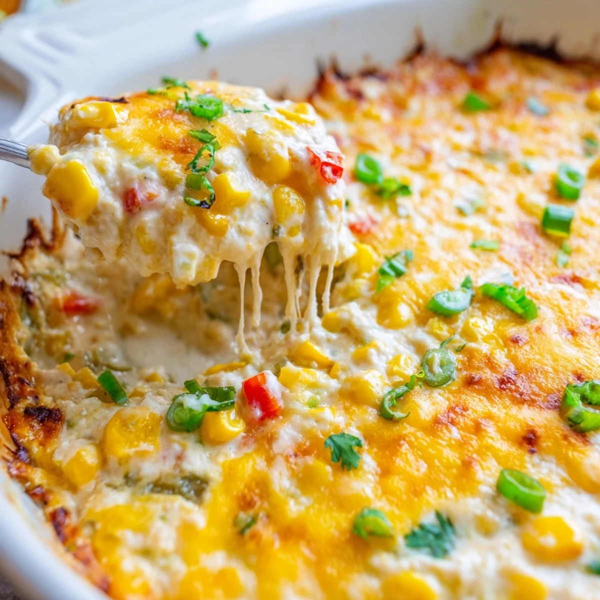Golden bubbling baked creamy corn jalapeño dip served warm with crispy tortilla chips
