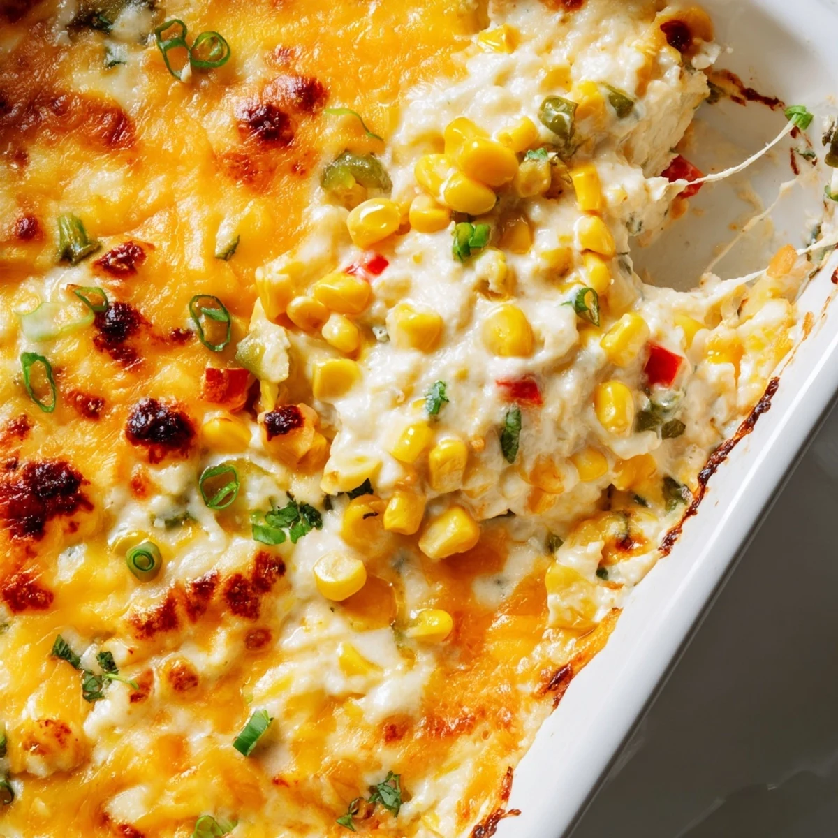 Creamy scoop of baked creamy corn jalapeño dip in a cast iron skillet