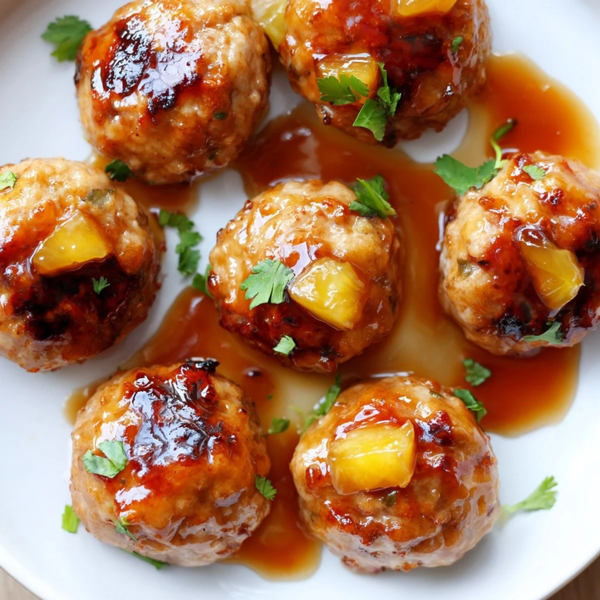Golden Sweet Pineapple Chicken Meatballs coated in glossy tangy sauce on a white platter