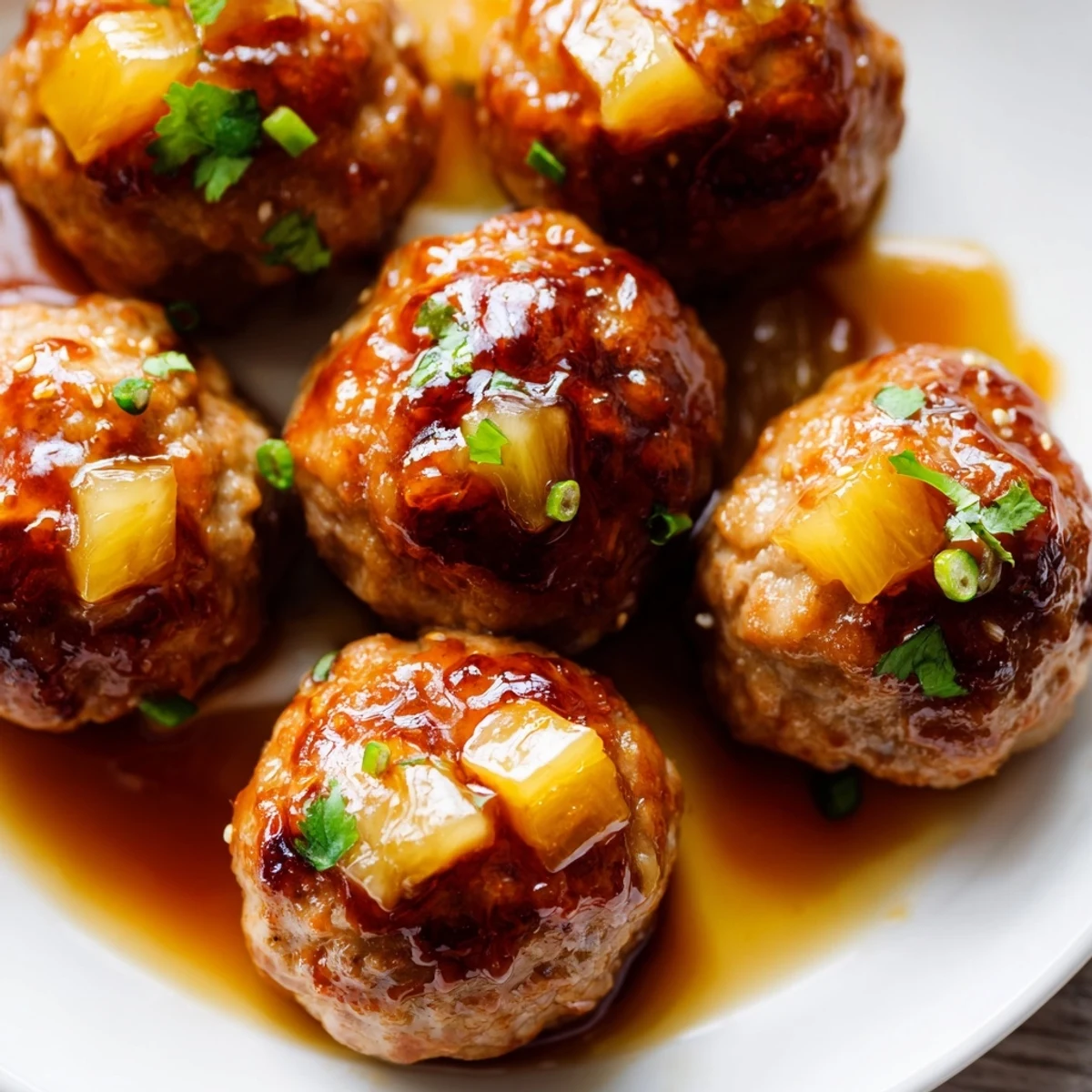 Sweet Pineapple Chicken Meatballs simmered in sticky caramelized sauce over steamed jasmine rice