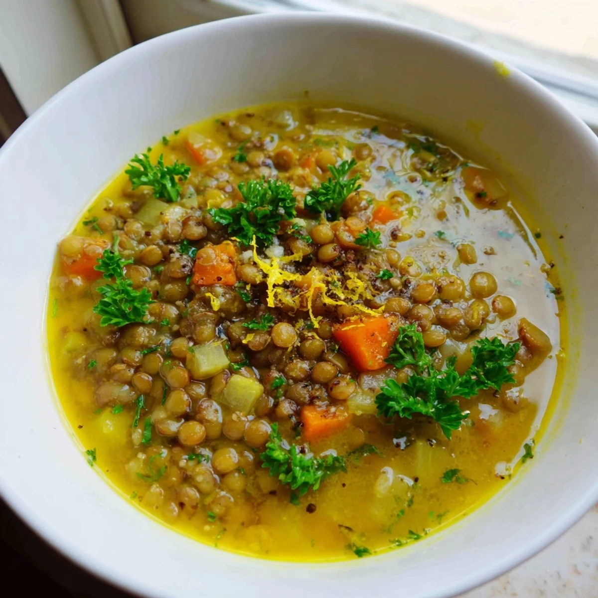Steaming bowl of lemon lentil soup topped with fresh parsley and crusty bread