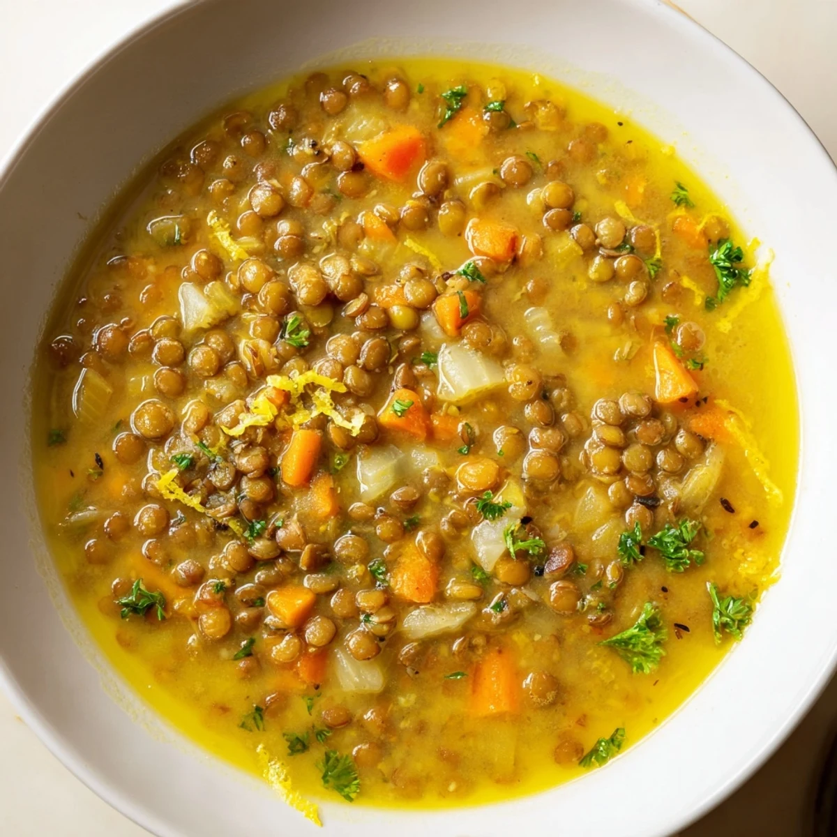 Creamy lemon lentil soup garnished with parsley olive oil and lemon wedges