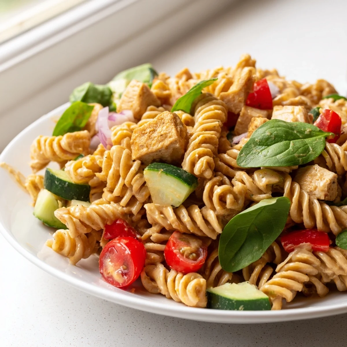 Creamy honey mustard chicken pasta salad loaded with colorful fresh vegetables and tender chicken