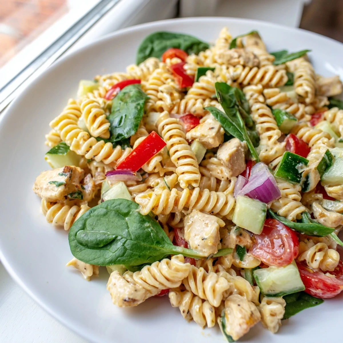 Honey mustard chicken pasta salad tossed in a golden tangy dressing on a rustic plate