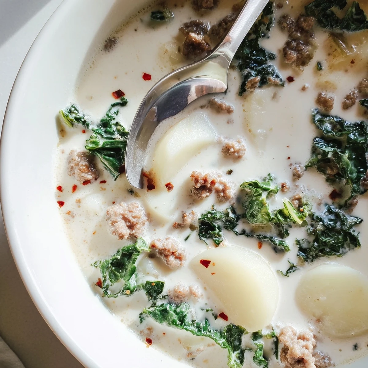 Creamy Zuppa Toscana soup loaded with crumbled sausage, tender potatoes, and fresh kale in a rustic bowl.