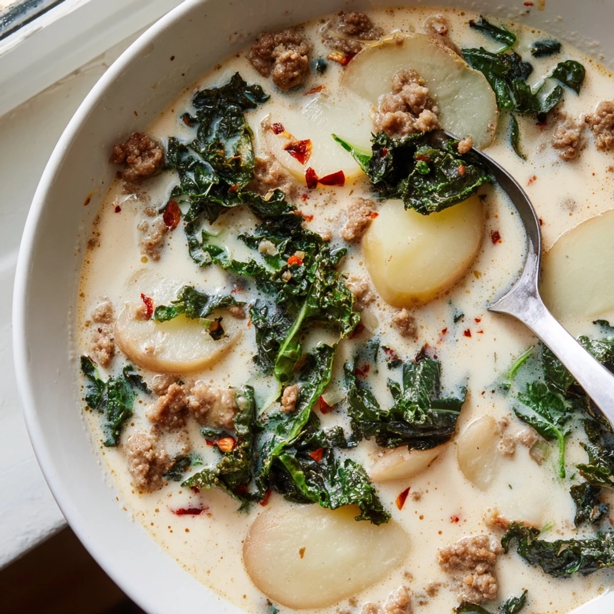 Steaming bowl of Zuppa Toscana soup with sliced potatoes and wilted kale in a rich, creamy broth.