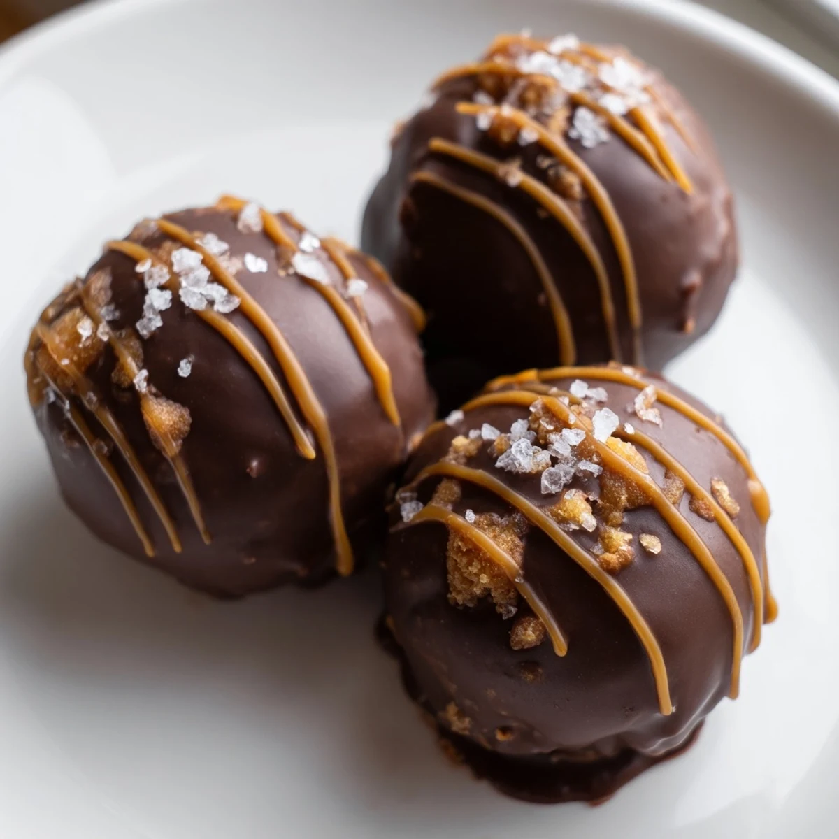 Golden chocolate-dipped salted caramel pretzel cheesecake balls drizzled with caramel on parchment paper