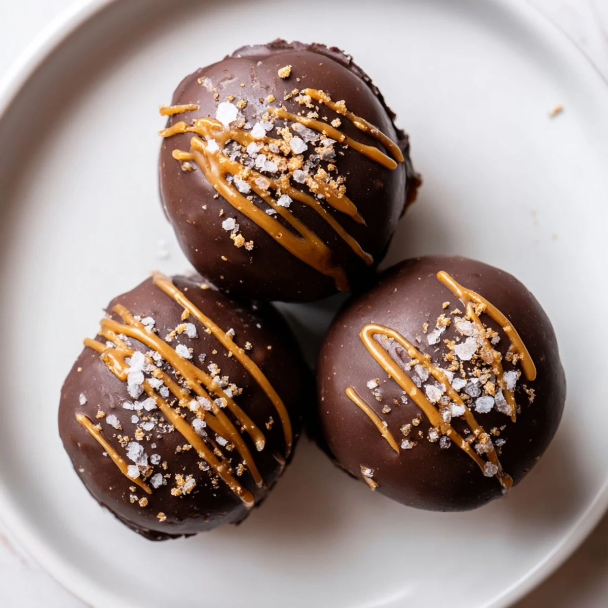 Creamy salted caramel pretzel cheesecake balls coated in rich chocolate and sprinkled with sea salt