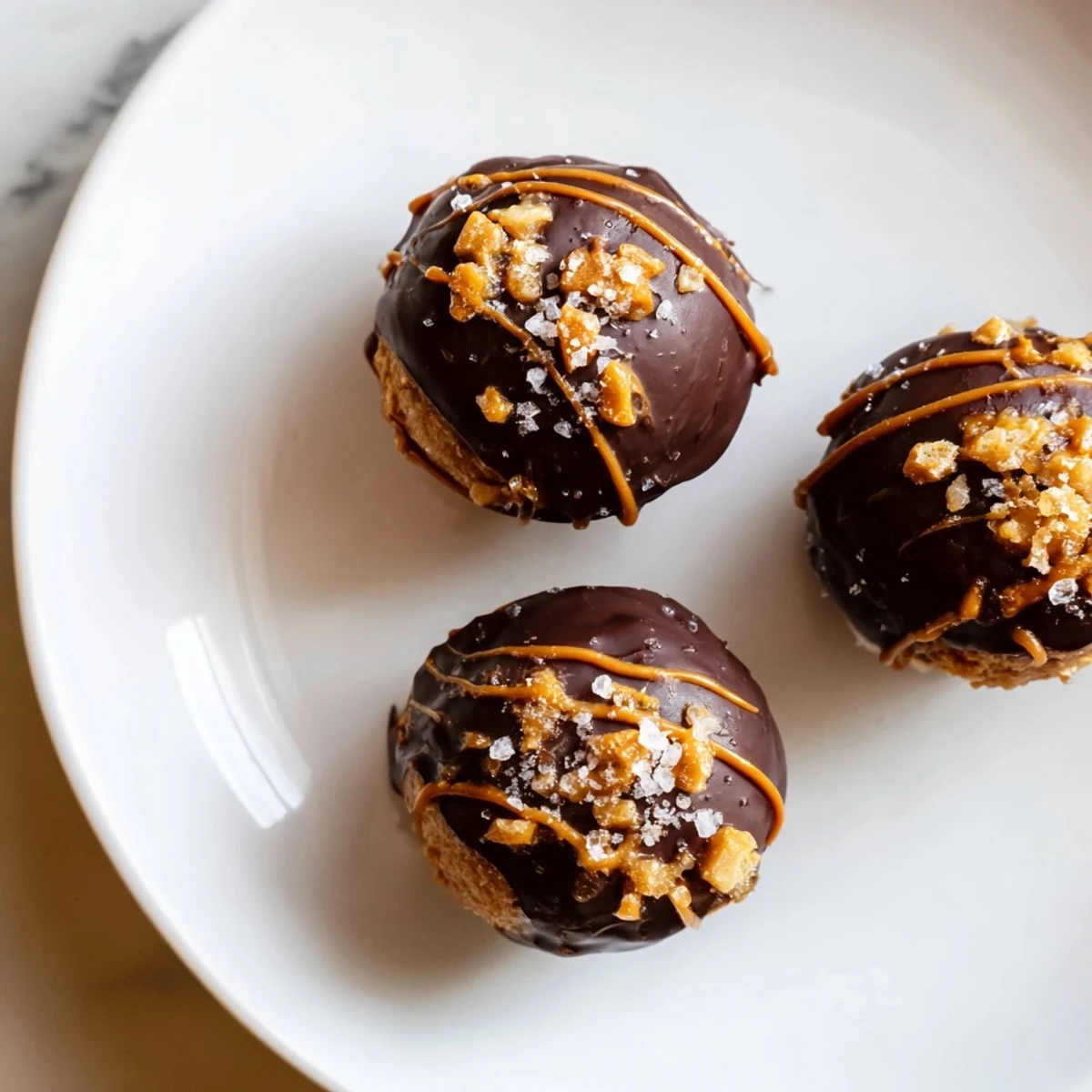 Bite-sized salted caramel pretzel cheesecake balls with glossy chocolate shells topped with flaky salt and caramel drizzle