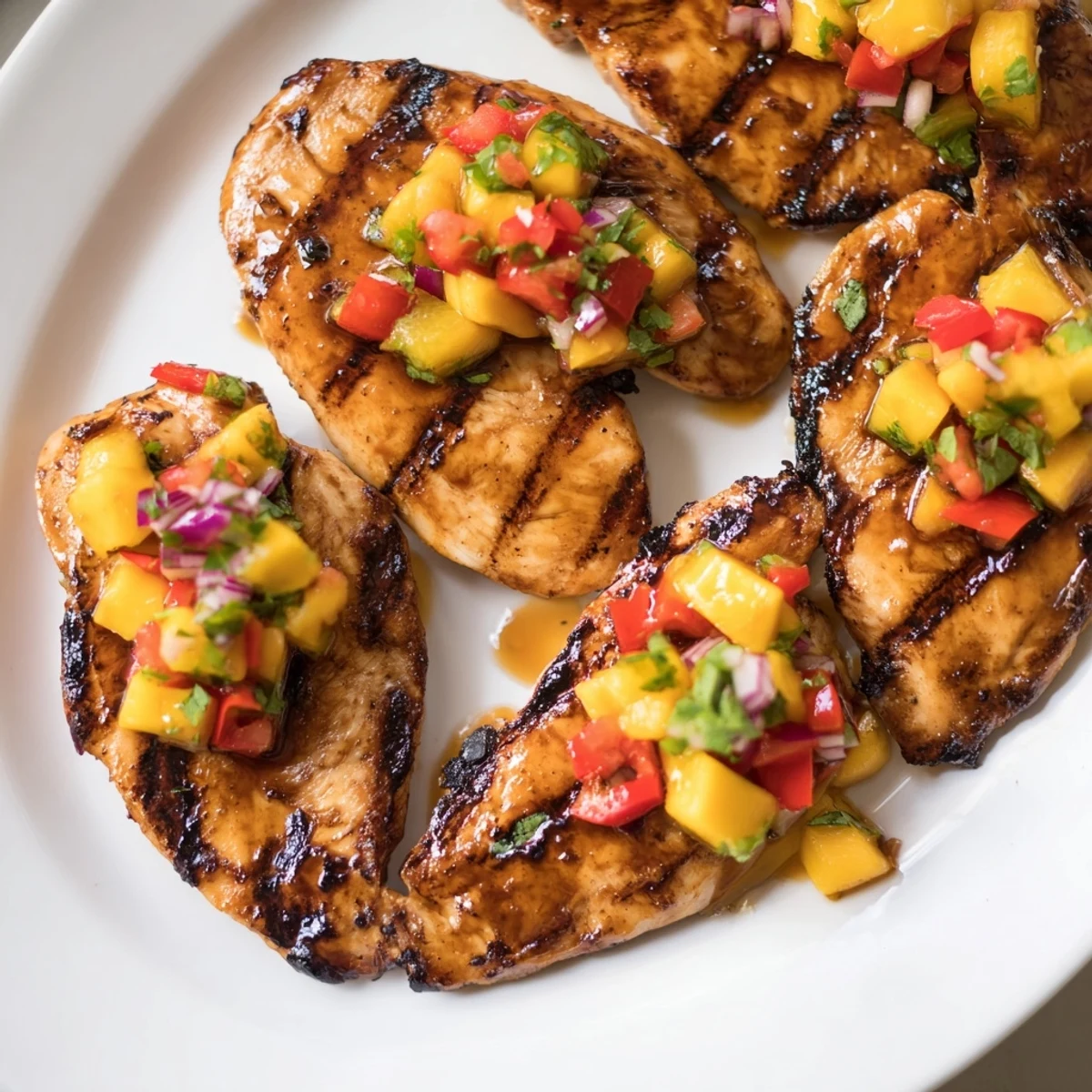 Juicy grilled honey lime chicken topped with colorful mango salsa on a white plate