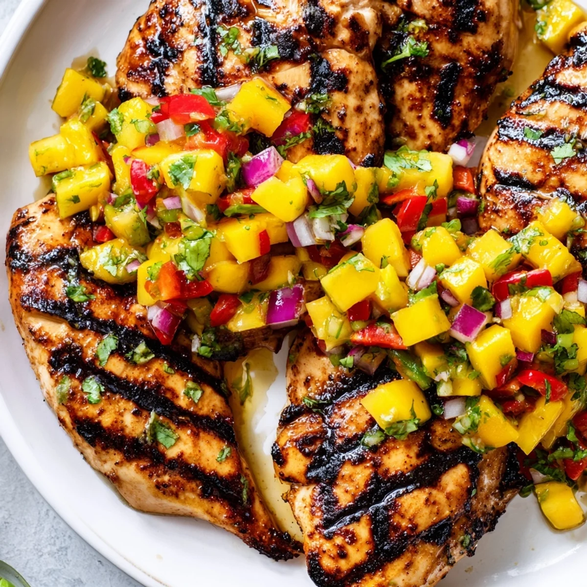 Honey lime chicken sliced open revealing tender meat beside bright tropical mango salsa