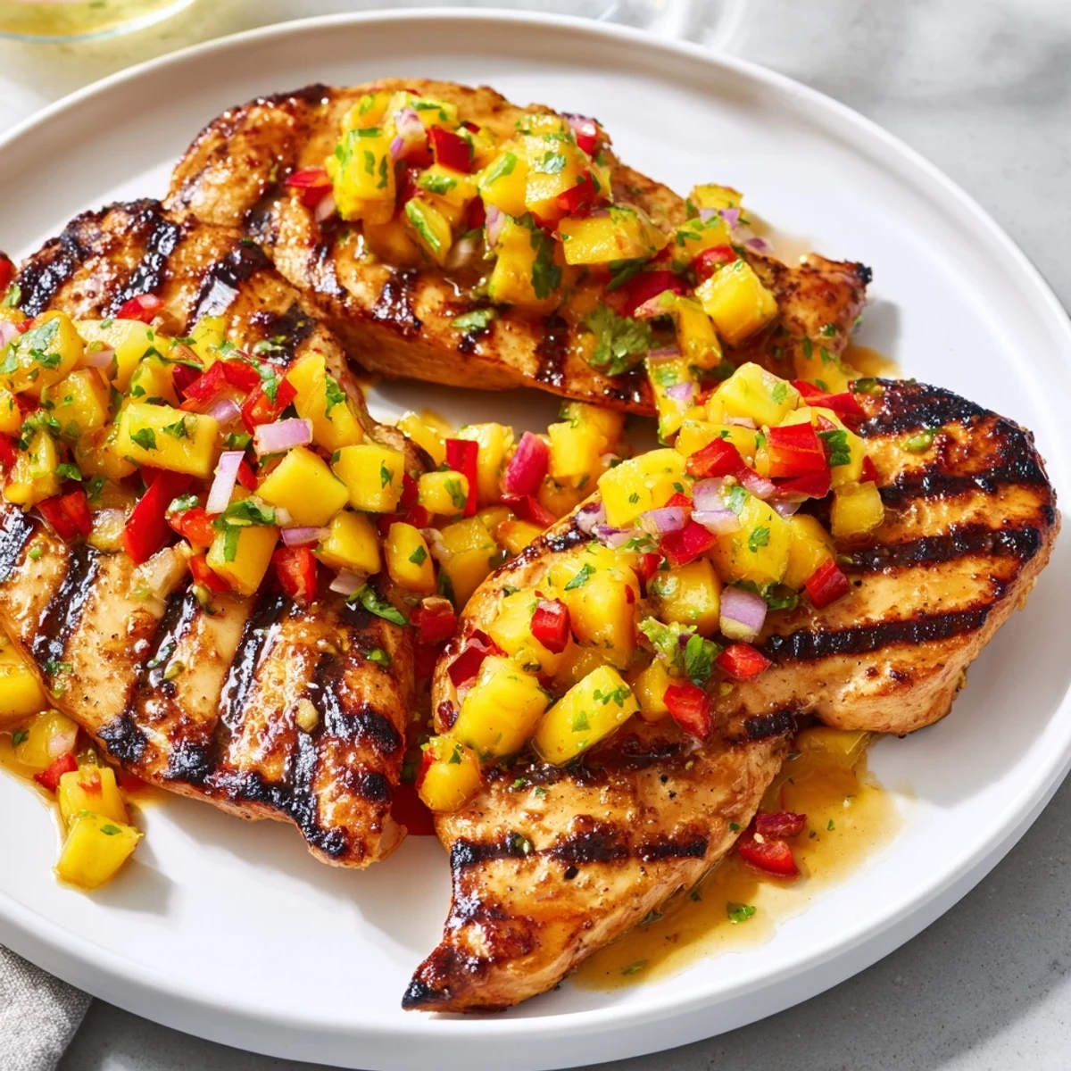 Charred honey lime chicken with mango salsa served over rice on a summer platter