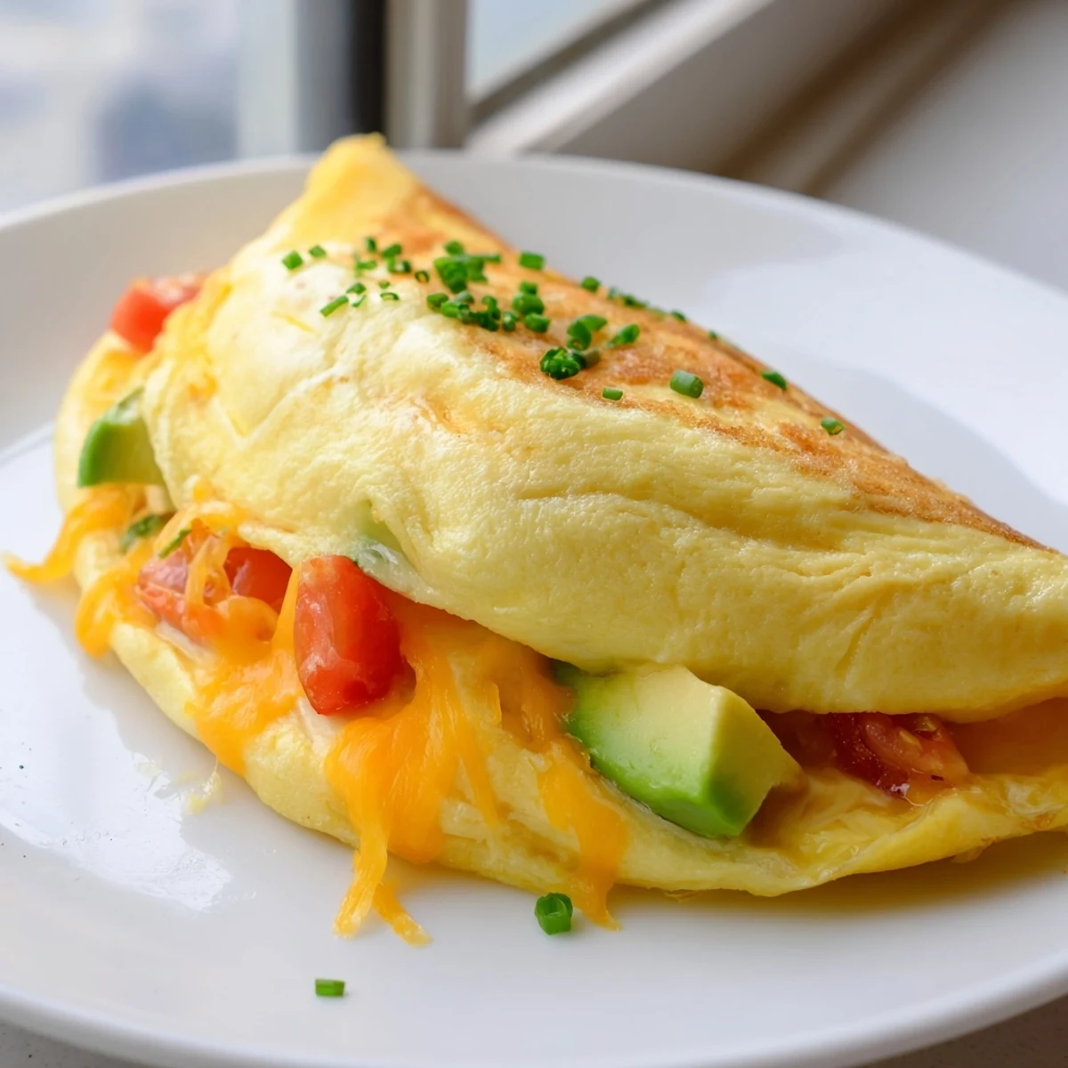 Golden creamy avocado cheesy tomato omelette folded over melted cheddar and fresh diced tomatoes
