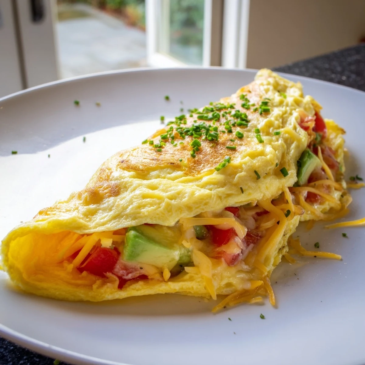Creamy avocado cheesy tomato omelette garnished with chives on a white breakfast plate