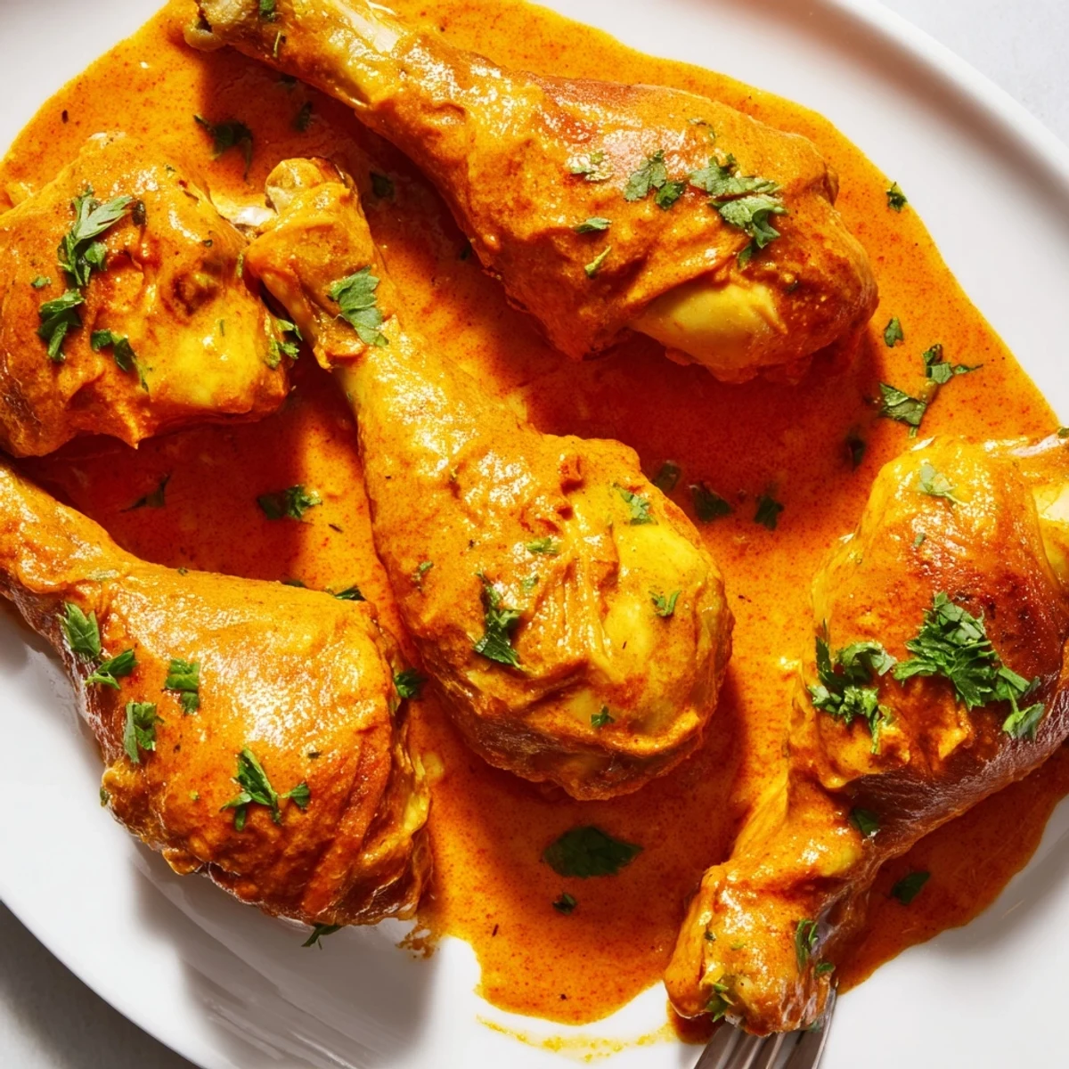 Golden creamy paprika chicken drumsticks glistening in a rich, rust-colored sauce topped with fresh parsley