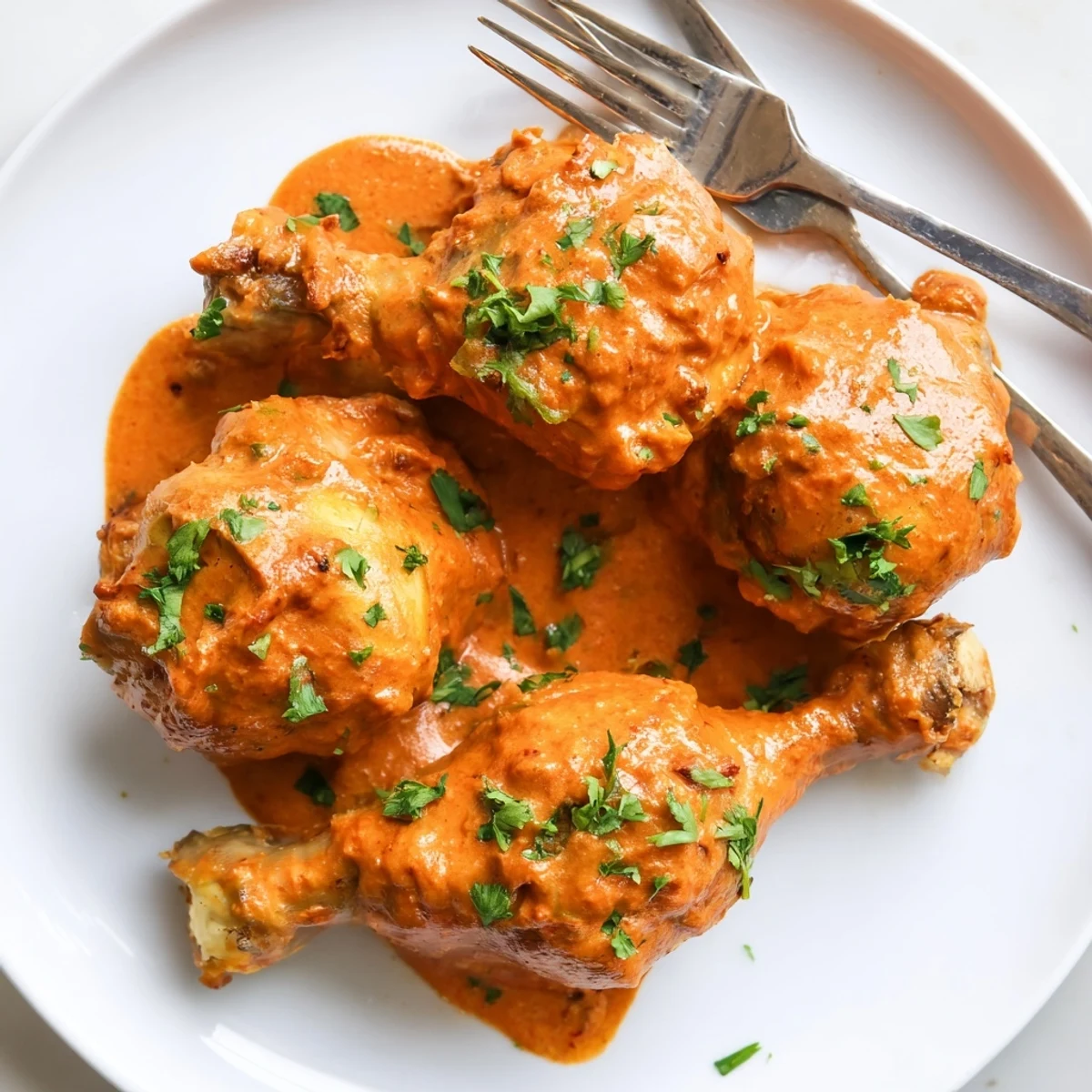 Tender creamy paprika chicken drumsticks nestled in a velvety smoky sauce in a cast iron skillet
