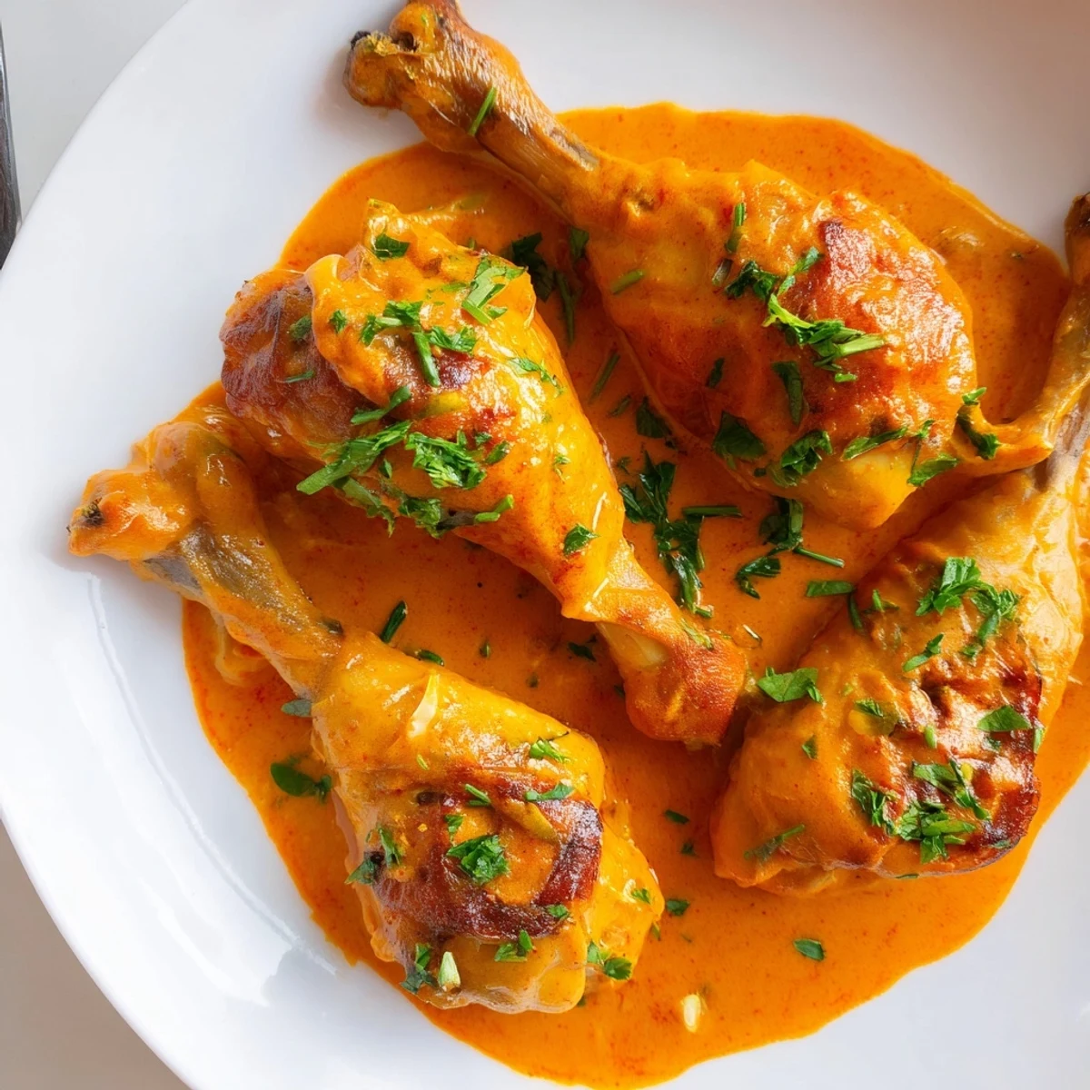 Juicy creamy paprika chicken drumsticks draped in thick orange cream sauce ready for a family dinner
