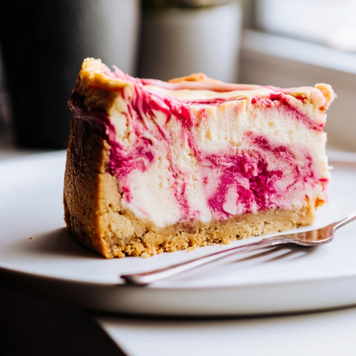 Creamy keto rhubarb cheesecake sliced on a rustic plate with tangy pink swirls