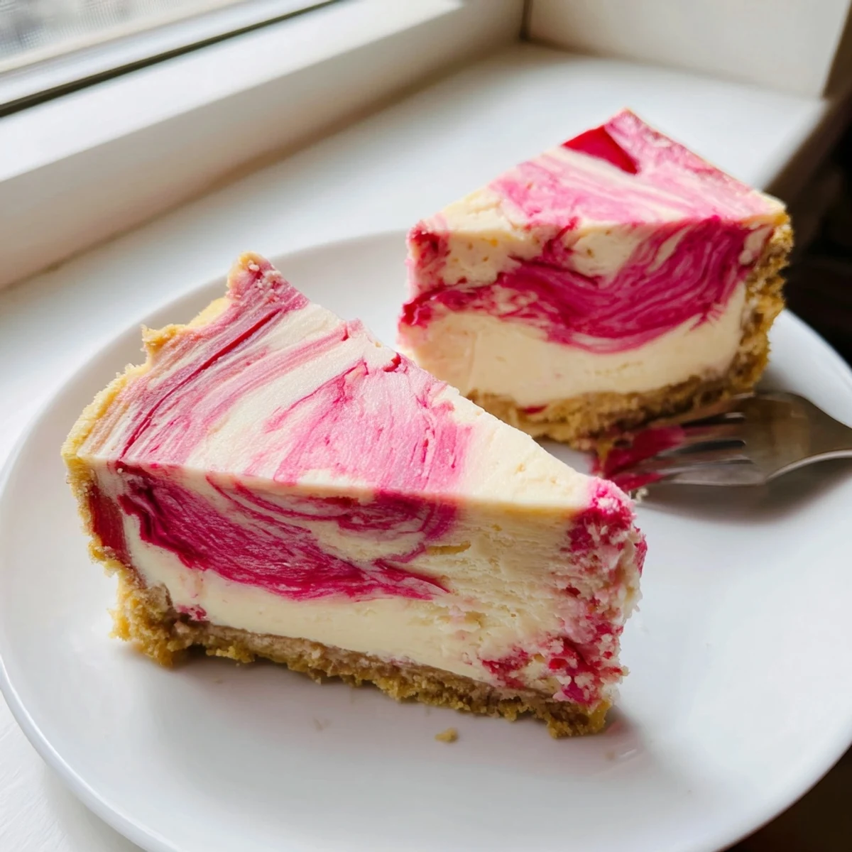 Golden almond flour crust cradles a smooth keto rhubarb cheesecake with marbled compote topping
