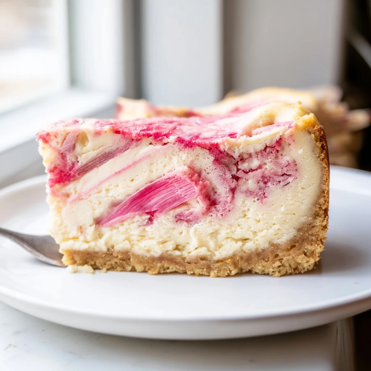 A chilled slice of keto rhubarb cheesecake showing off its vibrant ruby ribbon swirls