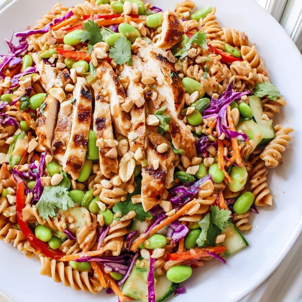 Colorful protein packed Thai pasta salad tossed in creamy peanut dressing with crisp vegetables