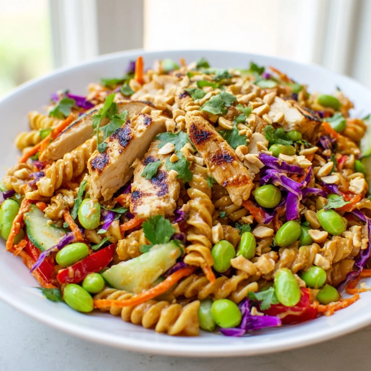 A vibrant bowl of protein packed Thai pasta salad topped with grilled chicken and sesame seeds