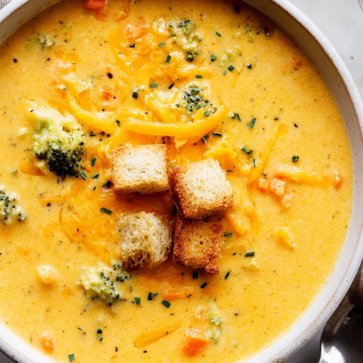 Creamy slow cooker broccoli cheese soup topped with melted cheddar and fresh chives