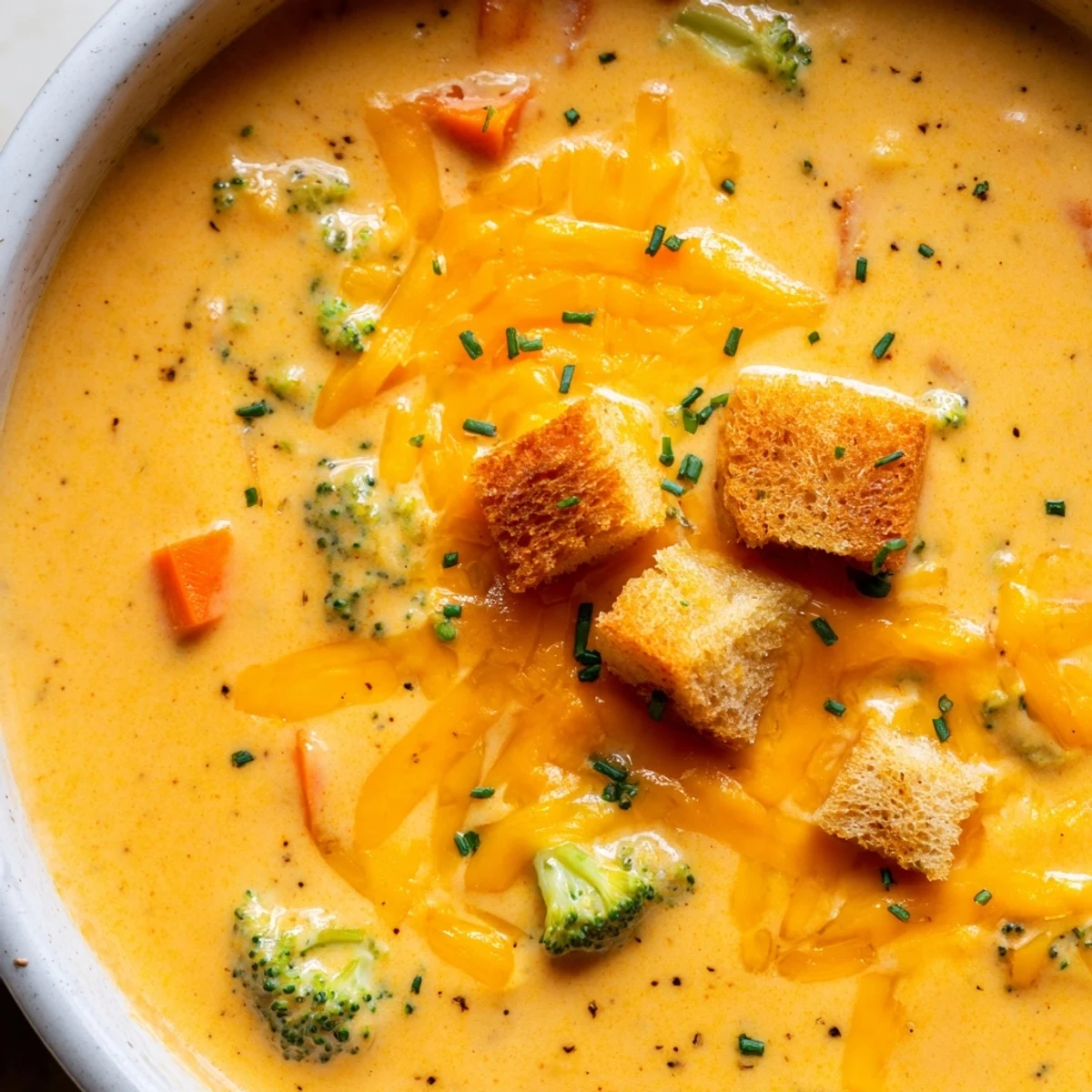 Thick velvety slow cooker broccoli cheese soup ladled into a rustic bread bowl