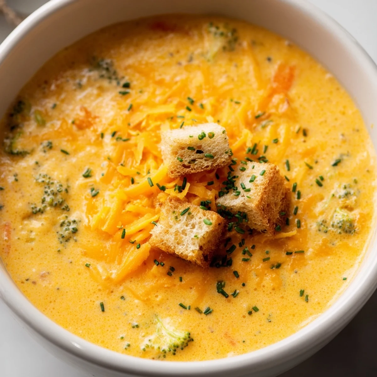 Steaming bowl of slow cooker broccoli cheese soup garnished with golden croutons