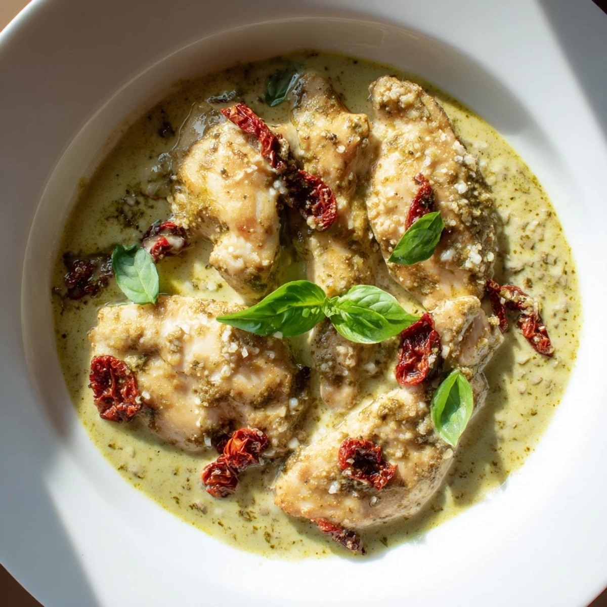Creamy Marry Me Chicken Pesto in a golden skillet with sun-dried tomatoes and fresh basil