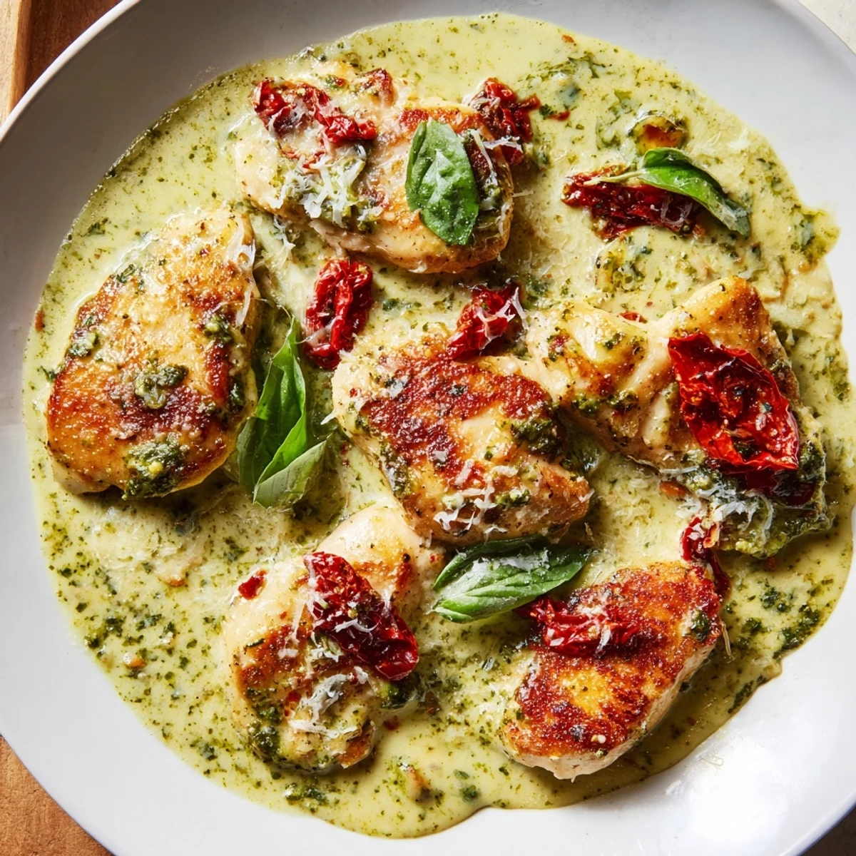 Tender seared chicken breasts smothered in cheesy basil pesto cream sauce with garlic