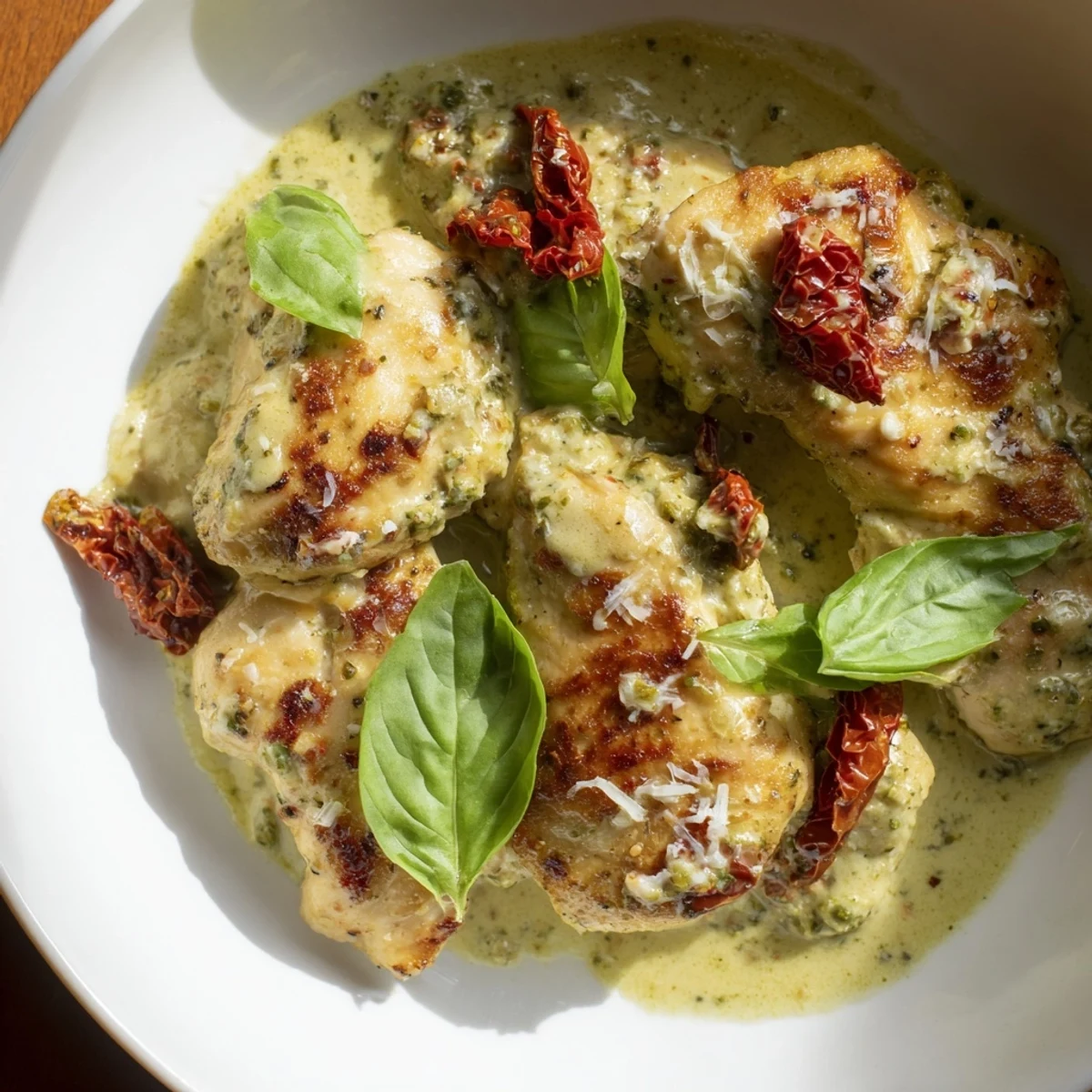 Marry Me Chicken Pesto plated over pasta topped with Parmesan and vibrant basil leaves