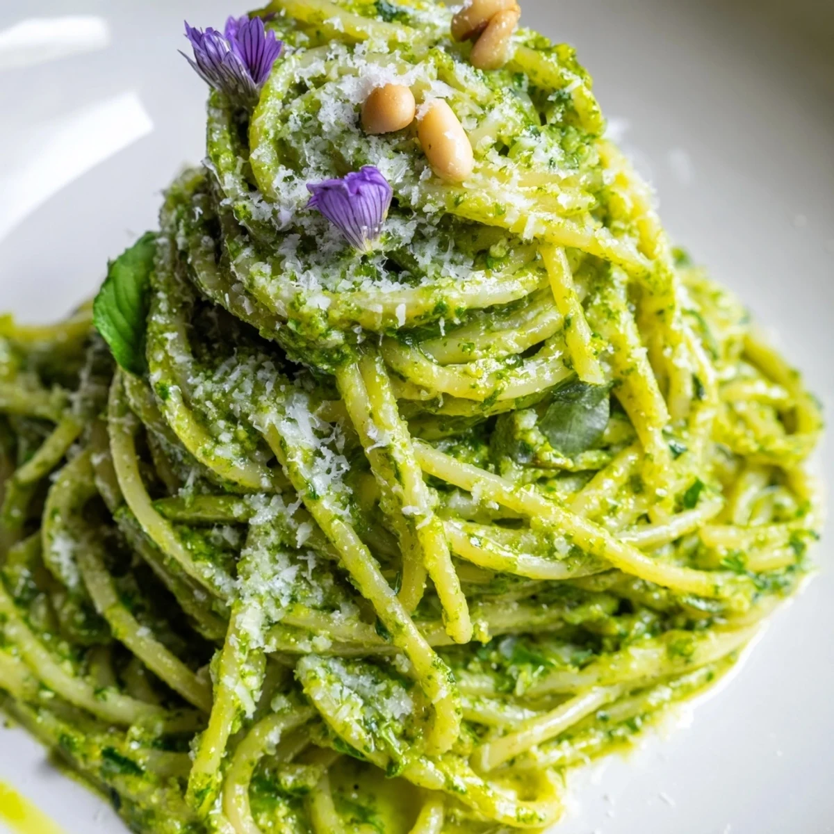 Bright wild garlic pesto pasta tossed with silky sauce and freshly grated Parmesan
