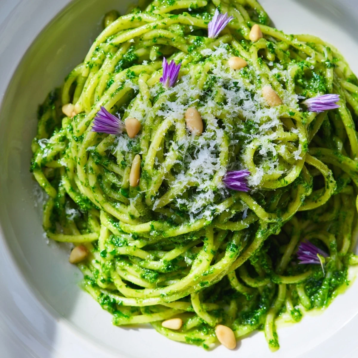 Wild garlic pesto pasta topped with pine nuts and vibrant green herb garnish