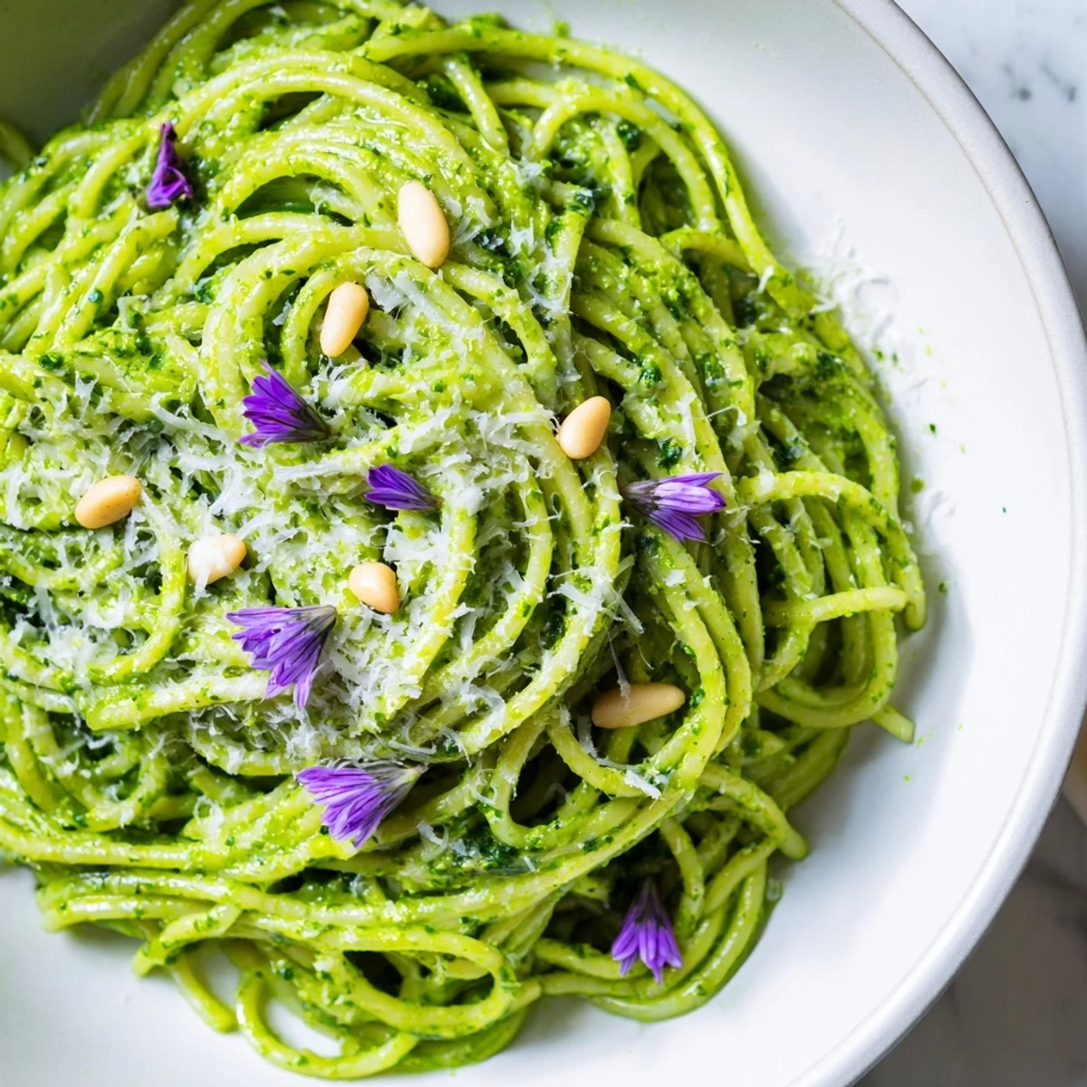 Steaming bowl of wild garlic pesto pasta coated in fragrant, velvety spring sauce
