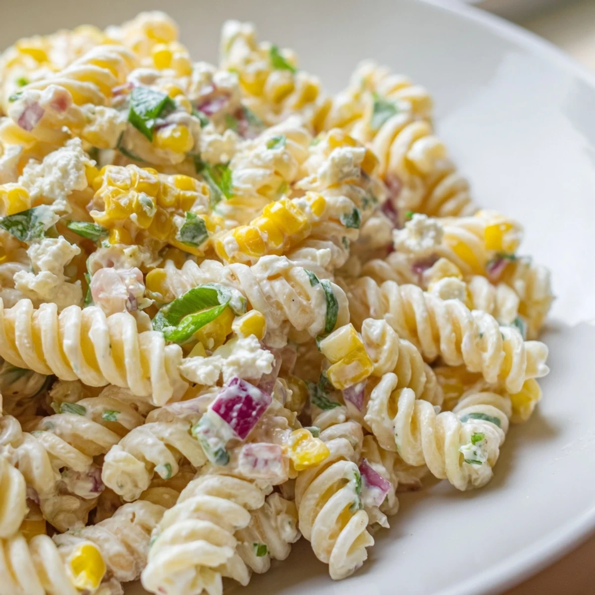 Creamy Elote Street Corn Pasta Salad topped with crumbled cotija cheese and fresh cilantro