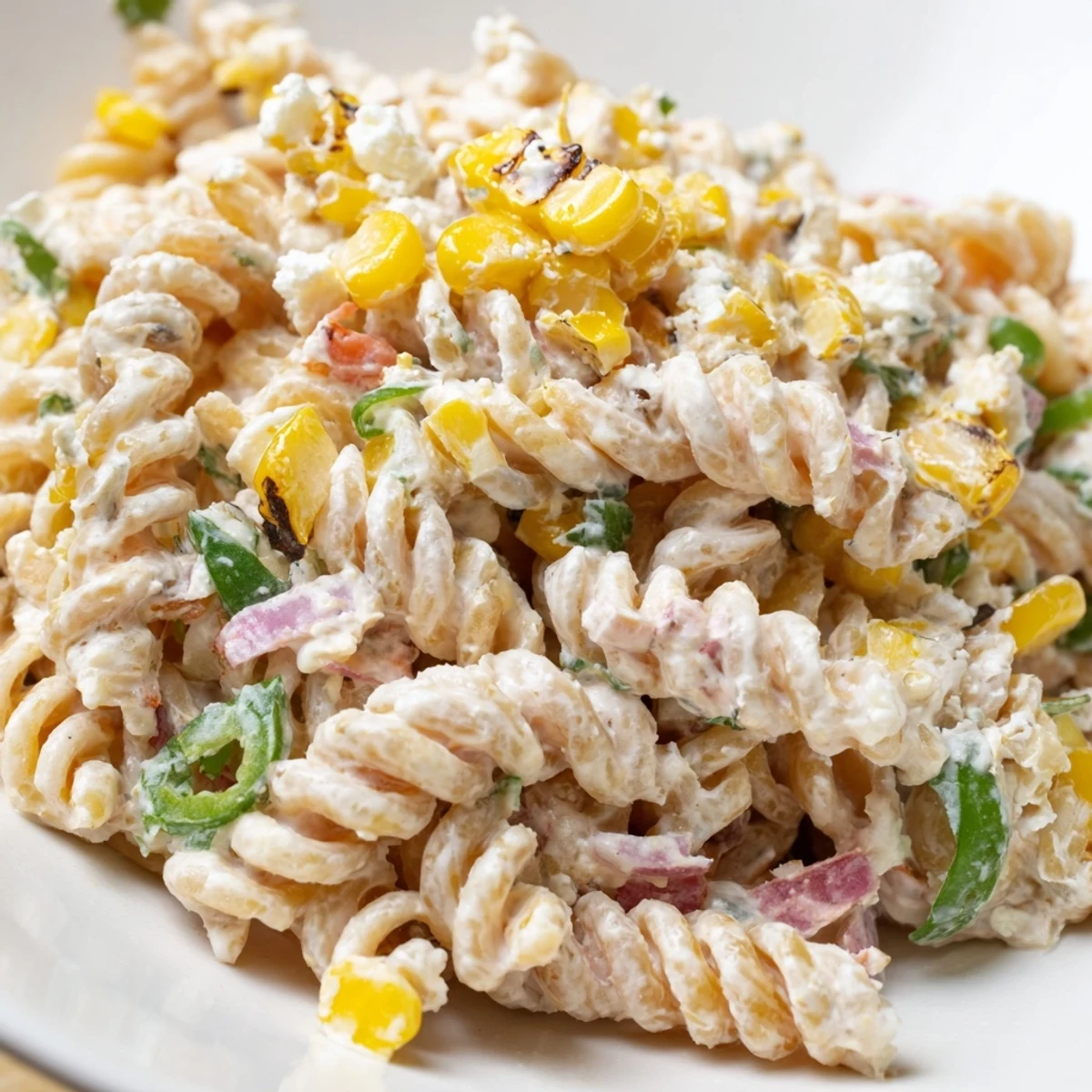 Vibrant Elote Street Corn Pasta Salad garnished with green onions, served at a summer cookout