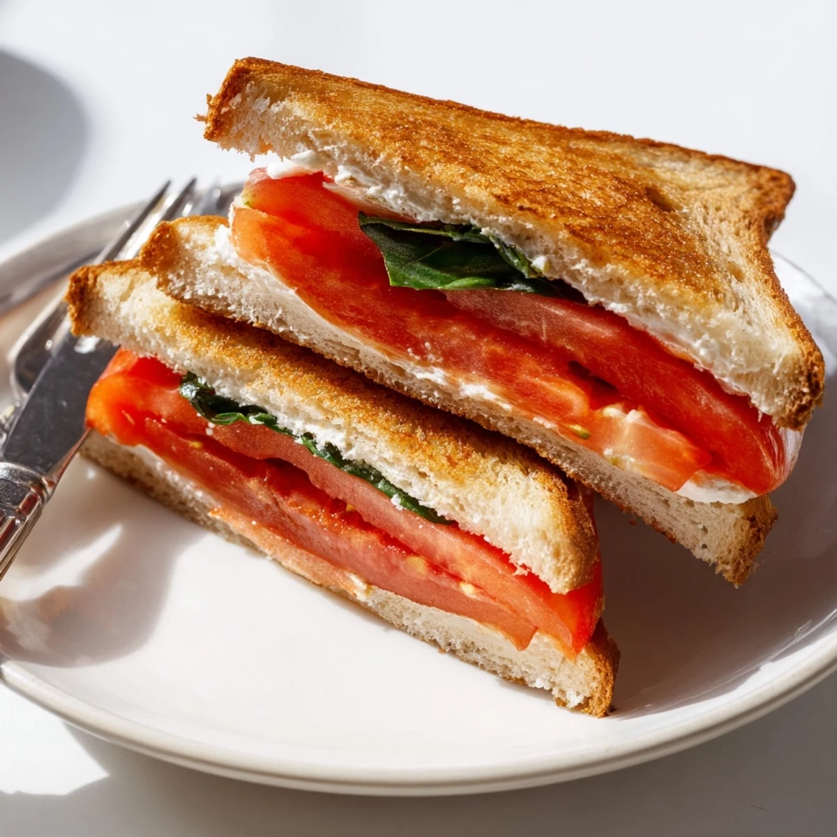 Golden brown toast stacked with thick slices of red tomato and fresh basil leaves for a classic Tomato Sandwich.