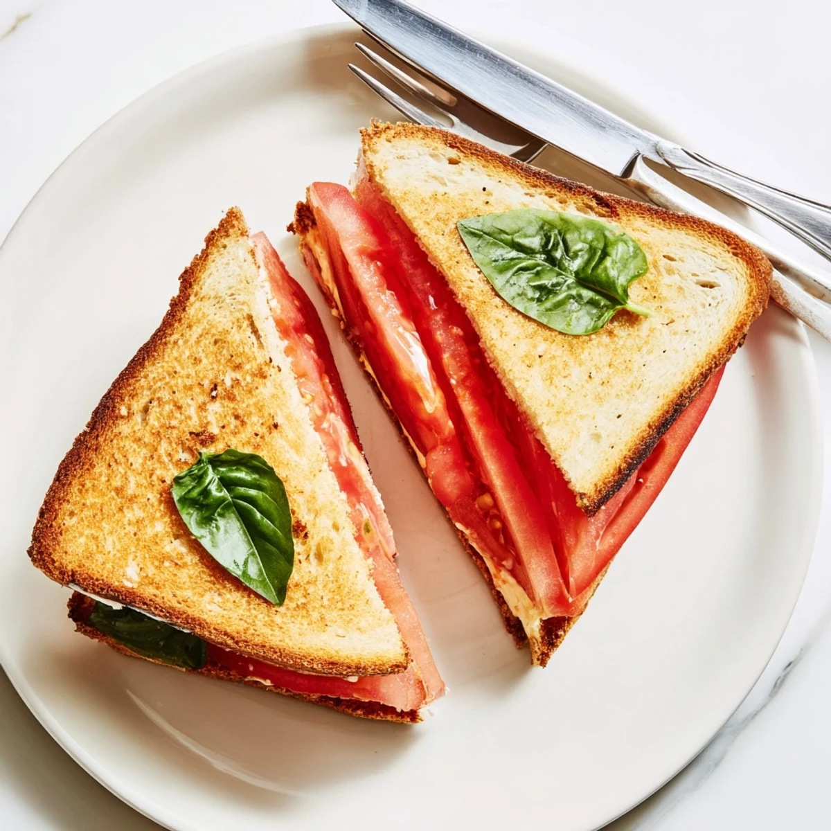 A handheld shot of a crispy Tomato Sandwich topped with optional balsamic glaze and fresh herbs.
