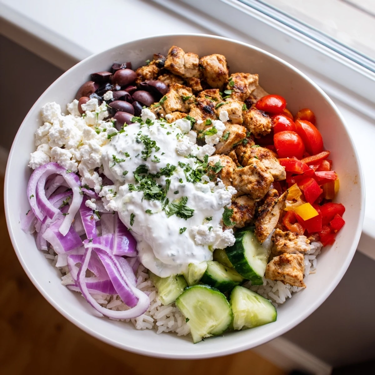 Golden brown Greek chicken bowls topped with feta, olives, and cool cucumber yogurt sauce.