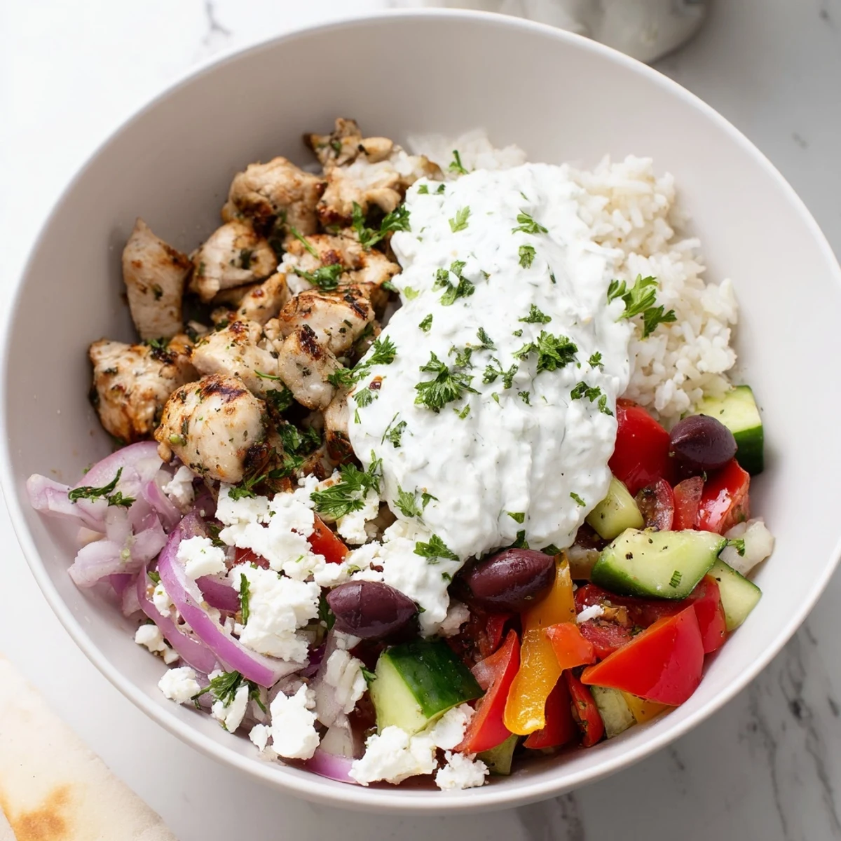 Rustic wooden table displaying Greek chicken bowls layered over rice with juicy tomatoes and peppers.