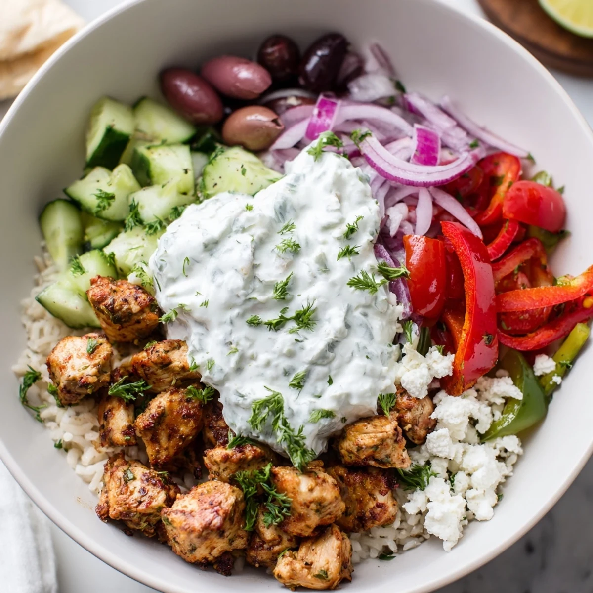 Close-up of Greek chicken bowls featuring spiced grilled meat, crisp veggies, and tangy tzatziki sauce.