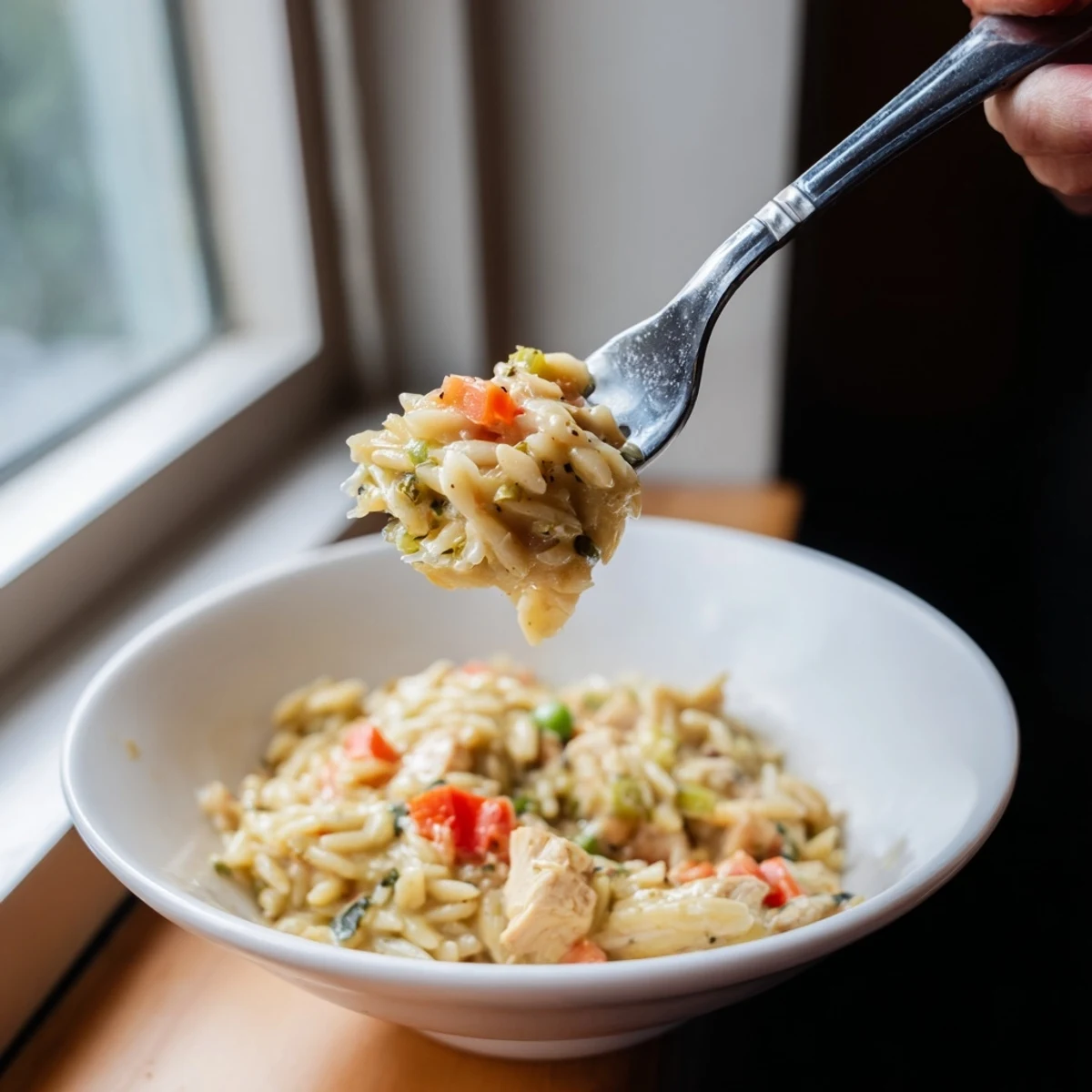 Creamy chicken pot pie orzo topped with fresh parsley in a rustic blue bowl.