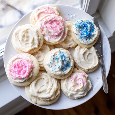 Easy Sugar Cookie Frosting being spread with a butter knife over round sugar cookies, showing smooth texture and slight crust setting.