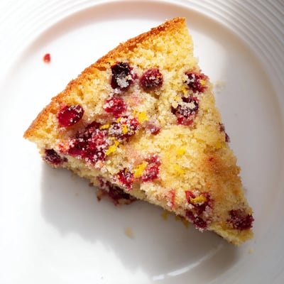 Perfectly baked golden-brown Cranberry Cake with a tender interior, orange zest aroma, and tart cranberries for a festive holiday dessert slice.