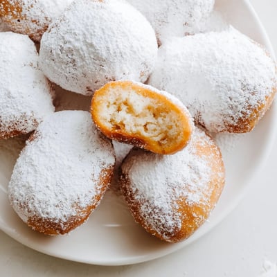 Warm Vanilla French Beignets are being dusted with powdered sugar next to a cup of coffee.