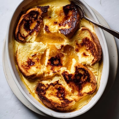 Savory Crème Brûlée French Toast, featuring soft custard-soaked brioche and a crispy caramel top, ready to serve with fresh berries.